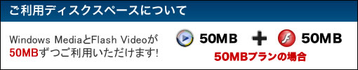 Windows MediaとFlash Videoが50MBずつご利用いただけます